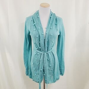 Anthropologie Knitted & Knotted Kose Teal Pom Pom Cardigan